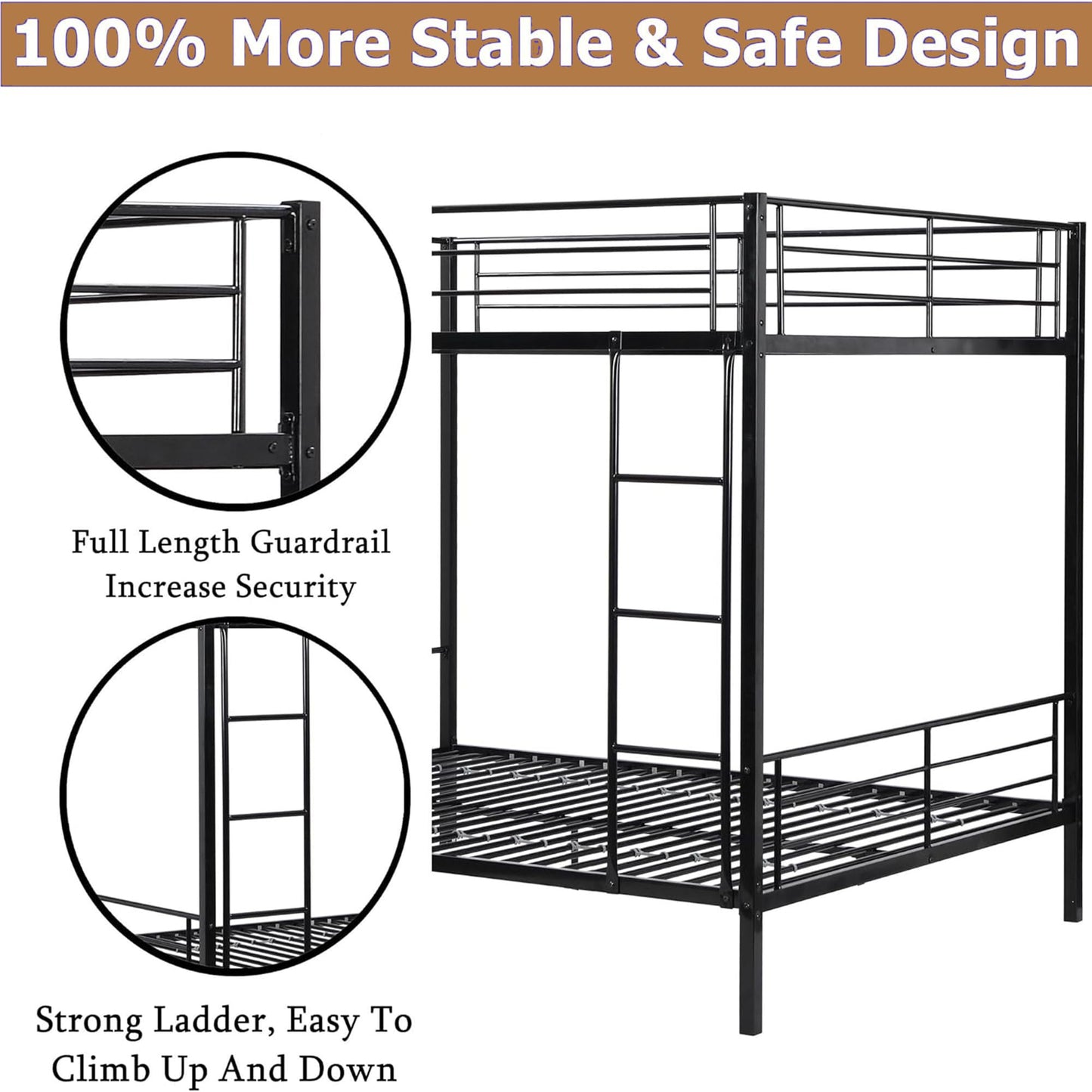 ZMIZAKOY Queen Over Queen Bunk Bed for Kids Adults Teens, Metal Bunk Bed Queen Over Queen Size with Ladder and Full-Length Guardrails and Slats Support for Boys Girls, Space-Saving,Easy Assemble