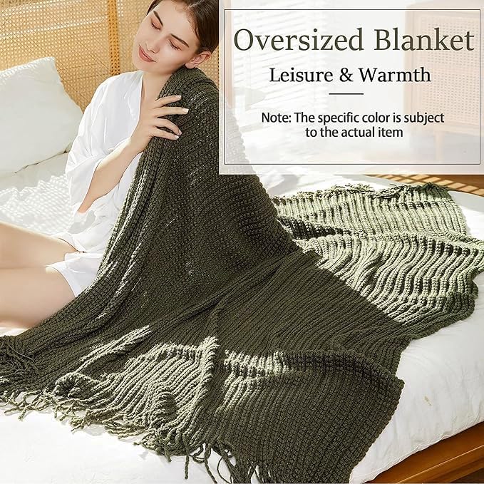 Blagic Knitted Throw Blanket for Couch Soft Farmhouse Boho Throw Blanket with Tassels Home Decorative Lightweight Throw Blankets,Dark Green Throws for Bed/Chair/Sofa, Wheat Textured, 50" W x 60" L Blagic