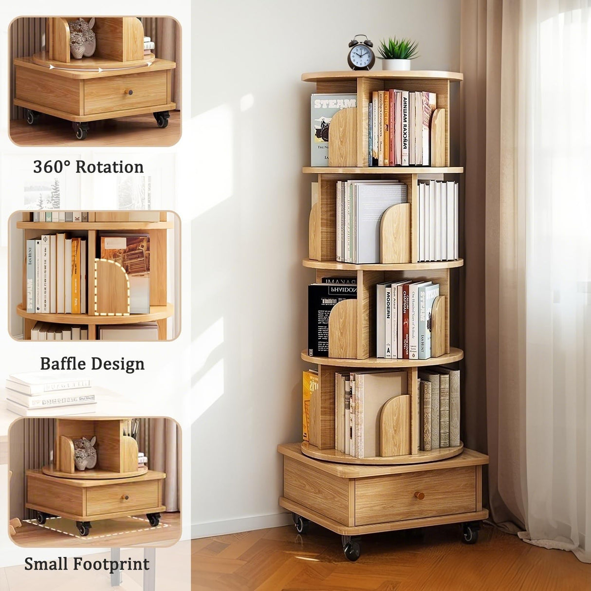 Merax 5 Tier Rotating Bookshelf, 360°Display Round Spinning Bookcase with Wheels, Small Space Book Case Tower for Bedroom Living Room Home Office,Wood Color Merax