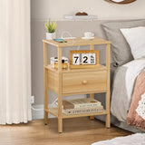 Lerliuo Nightstand with Charging Station and USB Ports, 3-Tier Storage End Table with Drawer Shelf, Night Stand for Small Spaces, Wood Bedside Table for Living Room, Bedroom - Natural Wood Lerliuo