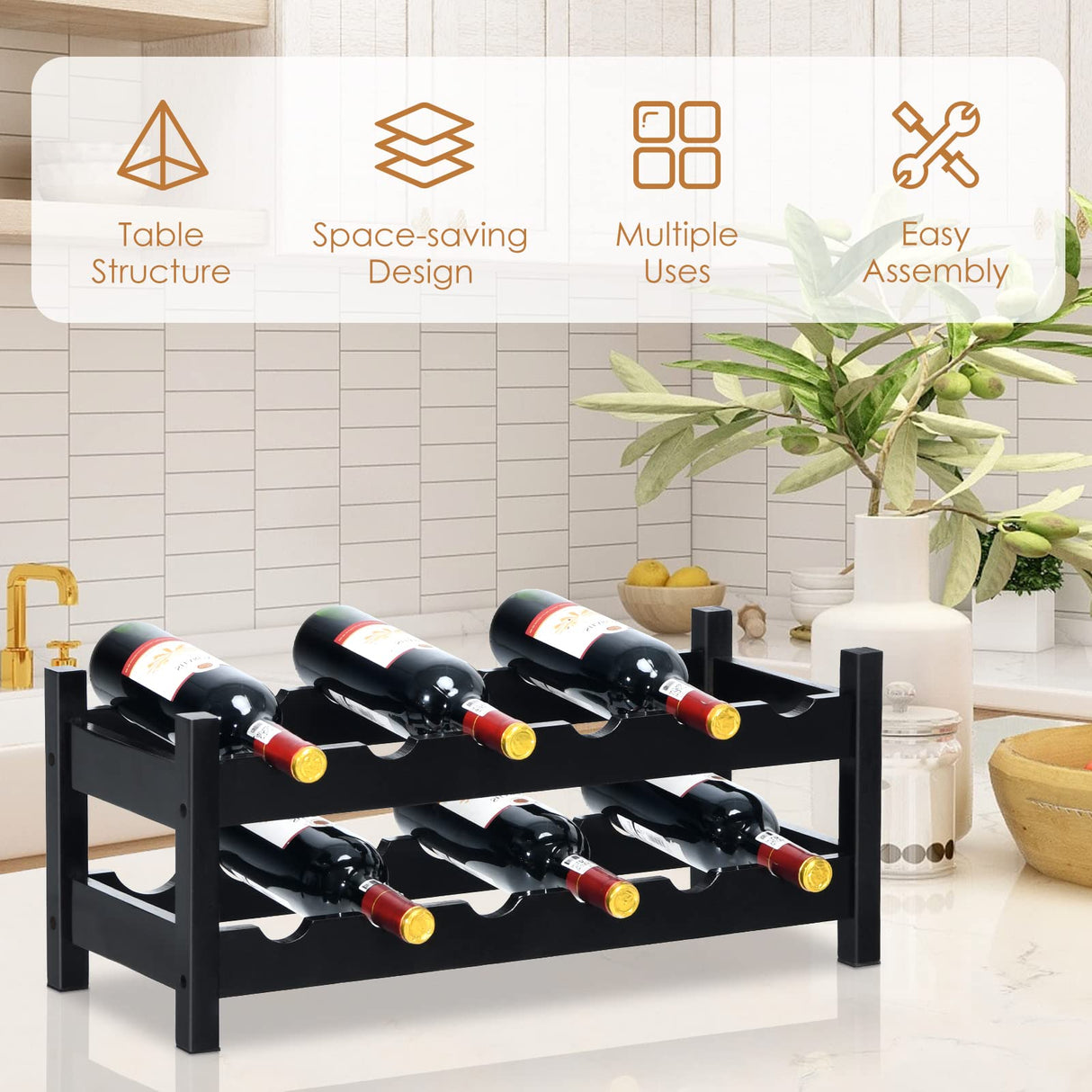 COSTWAY Wine Rack, Bamboo 12 Bottles 2-Tier Wine Display Rack for Countertop Home Kitchen Pantry, Free Standing Wine Storage, Rack Tabletop Wine Rack (Brown) COSTWAY