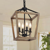 4 Light Farmhouse Chandelier, Rustic Ceiling Light Lantern Light Fixture with Wood Painted Metal Cage and Adjustable Chain, E12 Base Geometric Hanging Light Fixture for Entryway, Kitchen, Indoor Seaside village