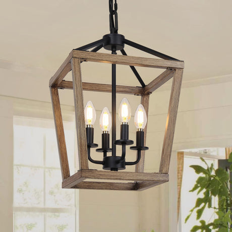 4 Light Farmhouse Chandelier, Rustic Ceiling Light Lantern Light Fixture with Wood Painted Metal Cage and Adjustable Chain, E12 Base Geometric Hanging Light Fixture for Entryway, Kitchen, Indoor Seaside village