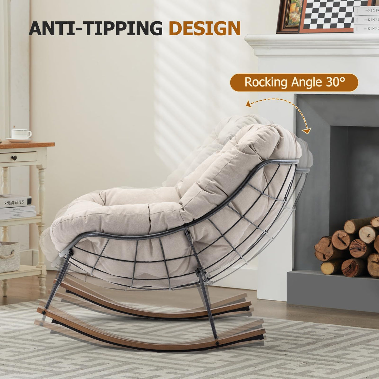 AIDEHO Outdoor Patio Rocking Chair, Oversized Papasan Chair with Cushion and Frame, Comfy Modern Rocker Egg Chair for Living Room, Garden Backyard，Beige AIDEHO