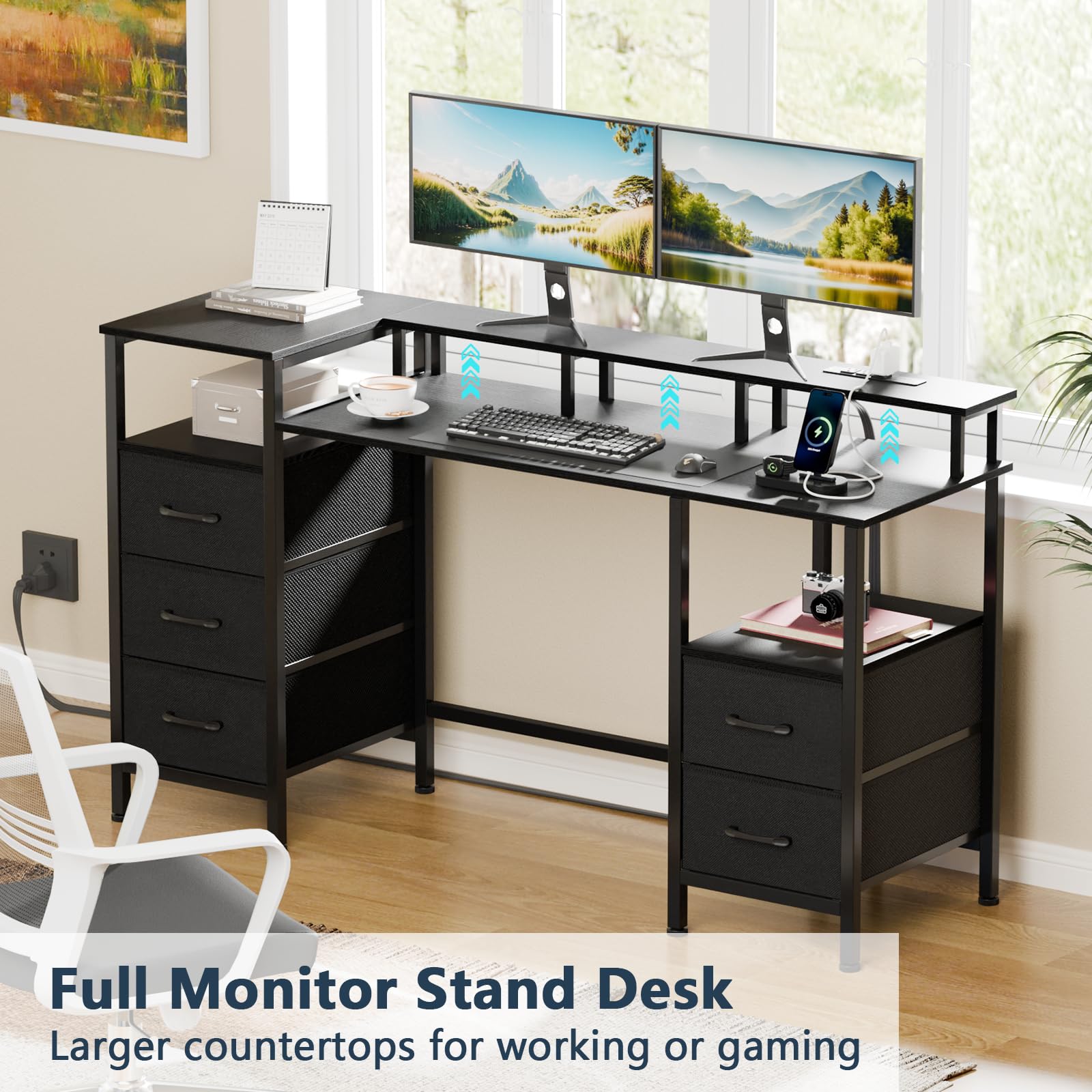 Korfile Computer Desk with Power Outlets & LED Lights, Gaming Desk with 5 Fabric Drawers for Bedroom, 47 Inch Home Office Desk with Monitor Stand & Storage Shelves for Working, Black - WoodArtSupply