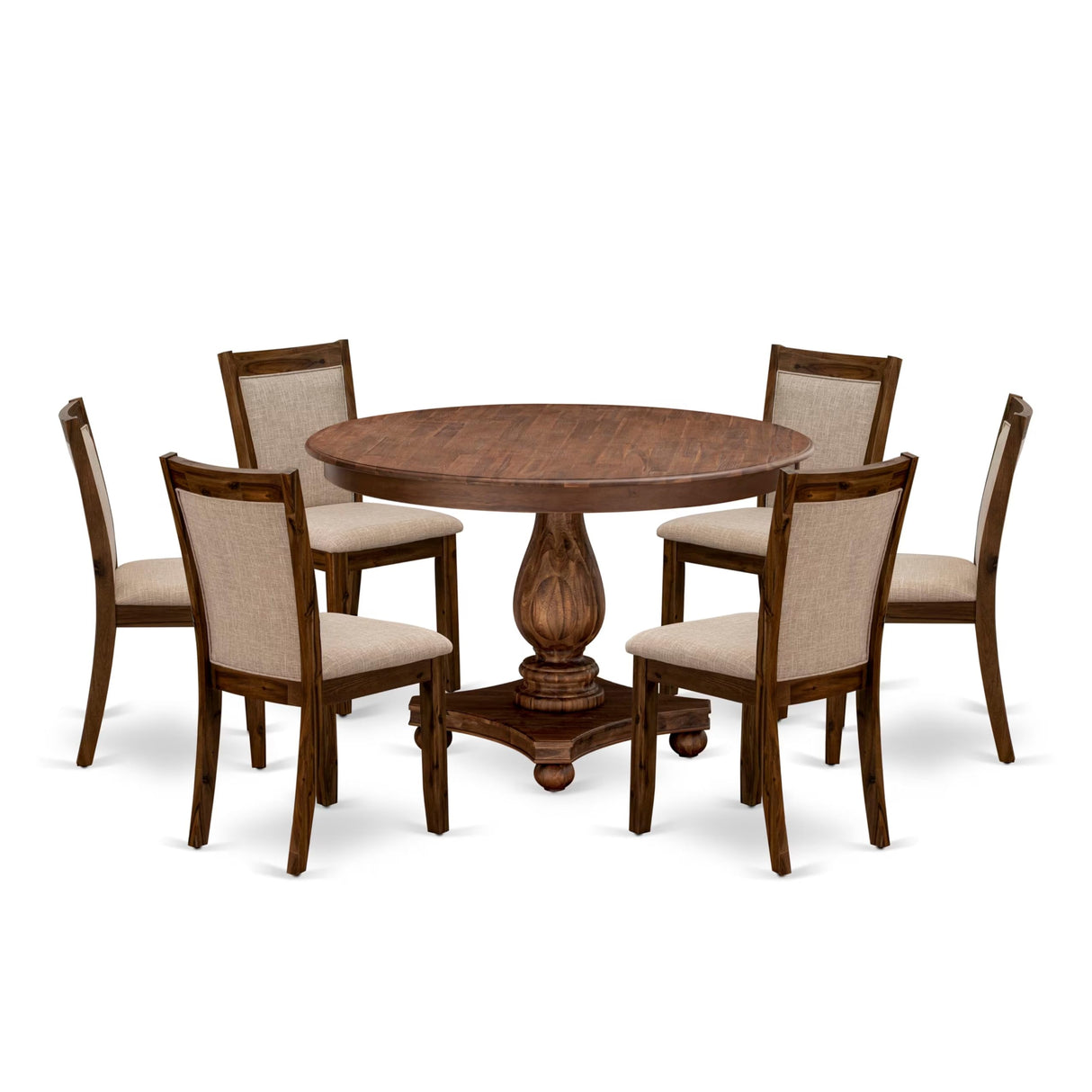 East West Furniture F2MZ7-N04 7 Piece Dining Room Furniture Set Consist of a Round Dining Table with Pedestal and 6 Light Tan Linen Fabric Upholstered Chairs, 48x48 Inch, Antique Walnut East West Furniture