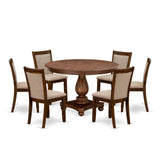 East West Furniture F2MZ7-N04 7 Piece Dining Room Furniture Set Consist of a Round Dining Table with Pedestal and 6 Light Tan Linen Fabric Upholstered Chairs, 48x48 Inch, Antique Walnut East West Furniture