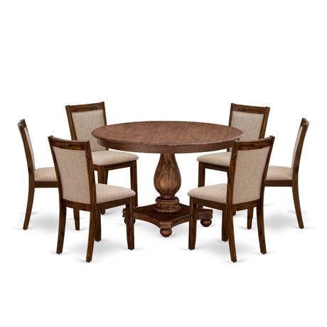 East West Furniture F2MZ7-N04 7 Piece Dining Room Furniture Set Consist of a Round Dining Table with Pedestal and 6 Light Tan Linen Fabric Upholstered Chairs, 48x48 Inch, Antique Walnut East West Furniture
