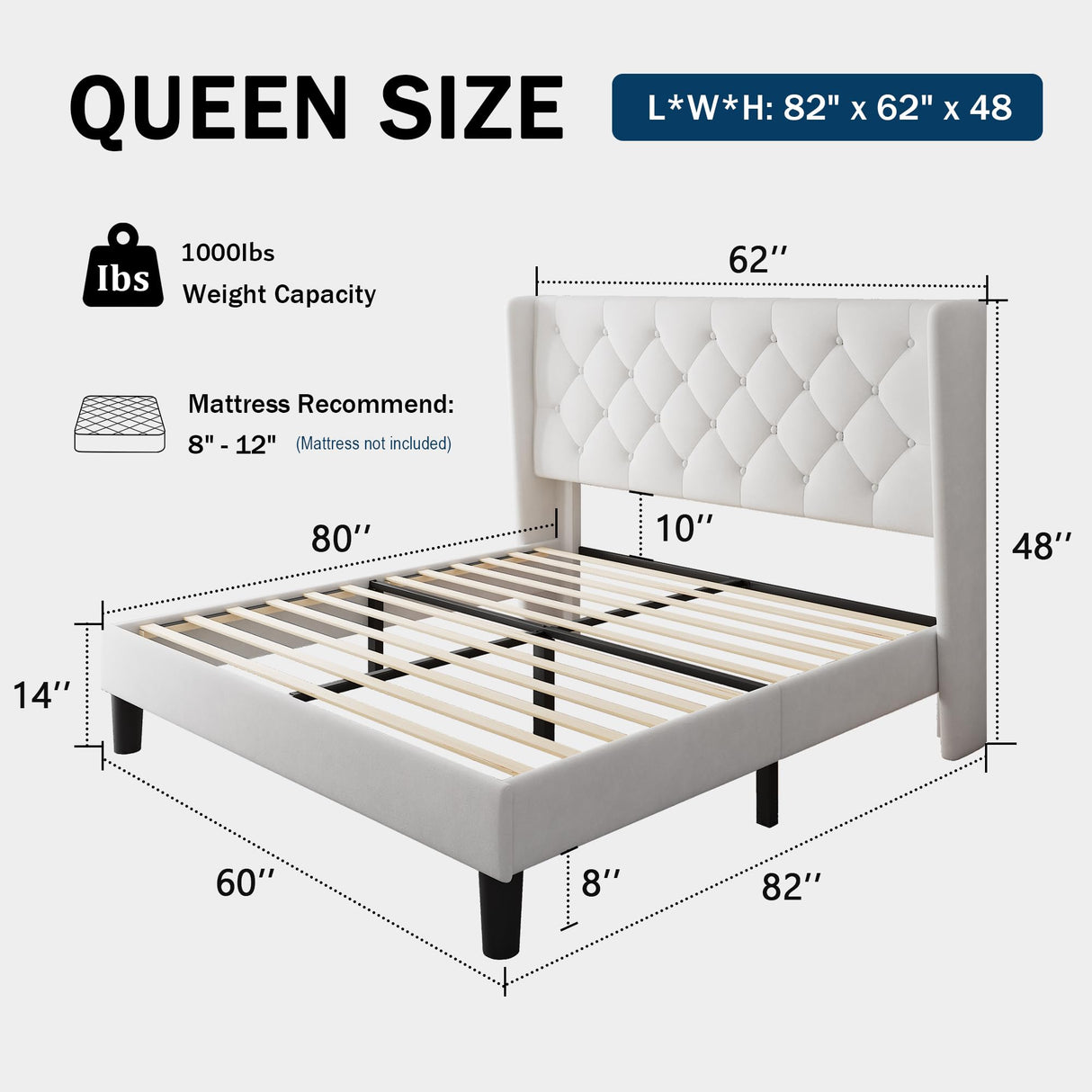 GalnFu Queen Size Bed Frame with Button Tufted Headboard, Upholstered Platform Bed Frame with UnderBed Storage, Wooden Slats Supports, Noise Free, No Box Spring Needed, Easy Assembly, White GalnFu