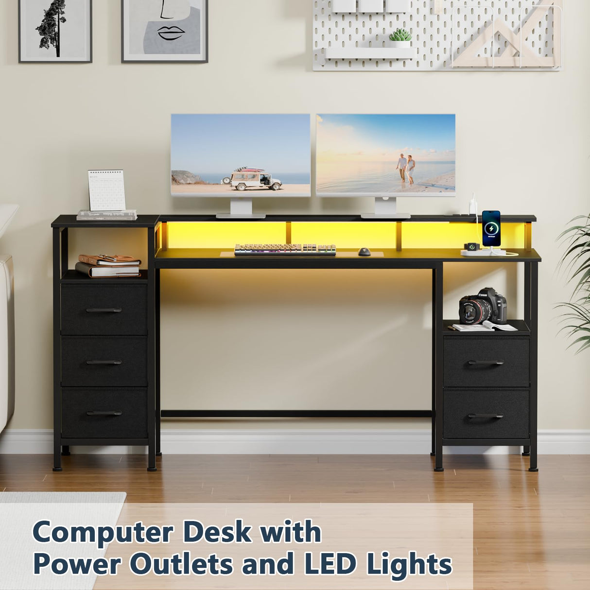 Korfile Computer Desk with Power Outlets & LED Lights, Gaming Desk with 5 Fabric Drawers for Bedroom, 55 Inch Home Office Desk with Monitor Stand & Storage Shelves for Working, Black Korfile