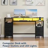Korfile Computer Desk with Power Outlets & LED Lights, Gaming Desk with 5 Fabric Drawers for Bedroom, 55 Inch Home Office Desk with Monitor Stand & Storage Shelves for Working, Black Korfile