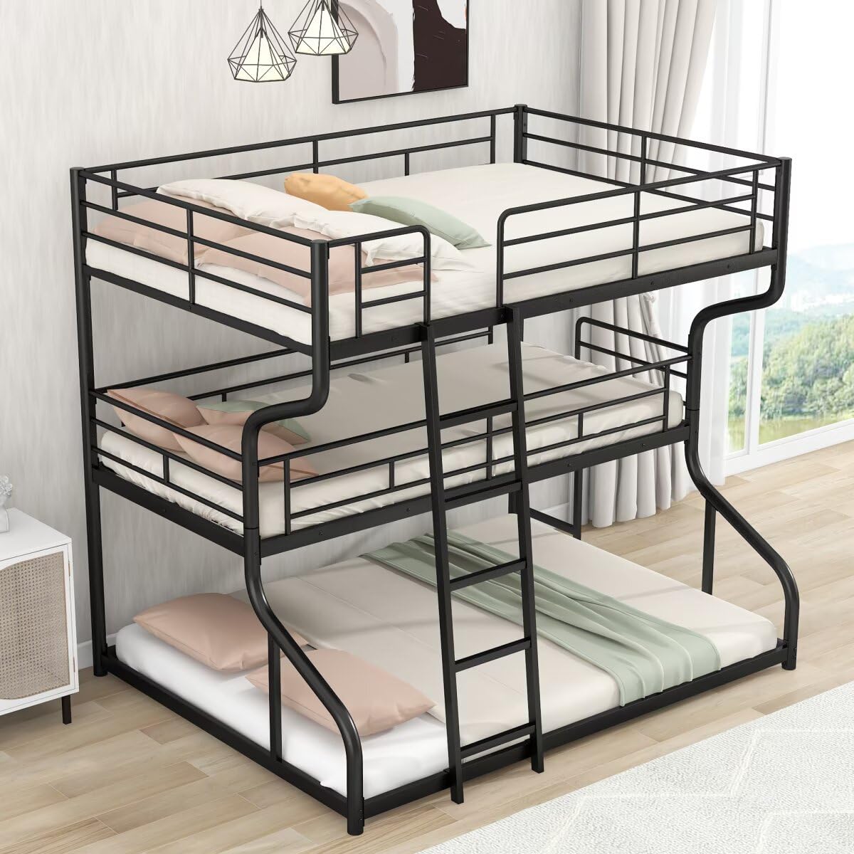 JIJIWANG Full XL Over Twin XL Over Queen Size Triple Bunk Bed with Long and Short Ladder, Unique Curved Metal Frame with Safety Guardrail, Industrial Style Triple Bunk Bed Frame, Black