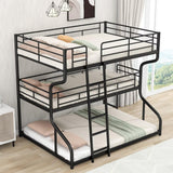 JIJIWANG Full XL Over Twin XL Over Queen Size Triple Bunk Bed with Long and Short Ladder, Unique Curved Metal Frame with Safety Guardrail, Industrial Style Triple Bunk Bed Frame, Black JIJIWANG