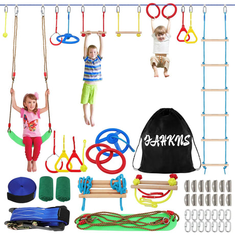 Ninja Warrior Kids Obstacle Course - 55 FT Durable Slackline with 8 Obstacles - Fun and Challenging Outdoor Course for Active Kids 3+ Years Old FAHKNS