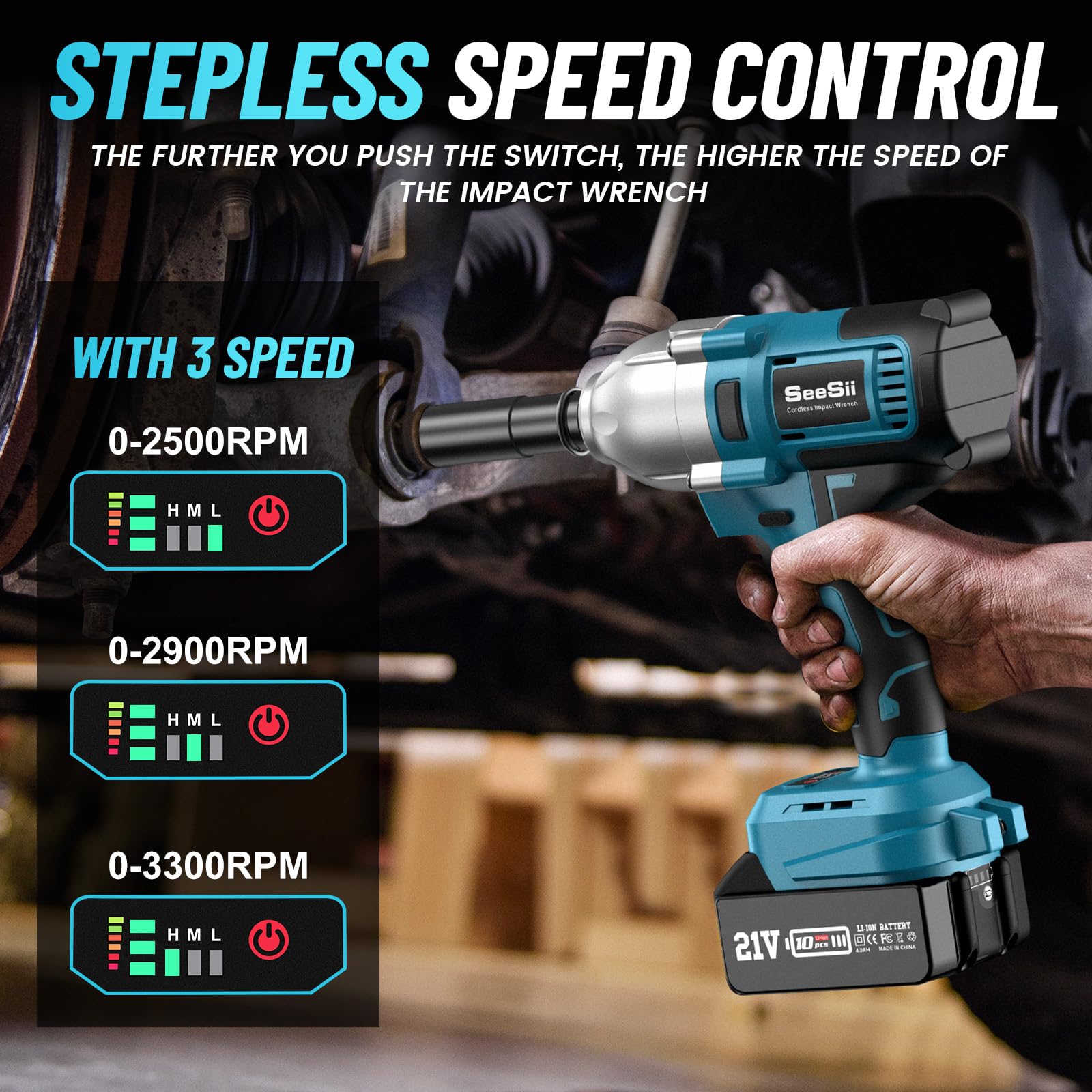 Seesii Cordless Electric Impact Wrench 1/2 inch for Car Home, 665Ft-lbs(900N.m) Brushless, 3300RPM High Torque Gun w/ 2x 4.0Ah Battery,Charger & 6 Sockets, WH710 - WoodArtSupply