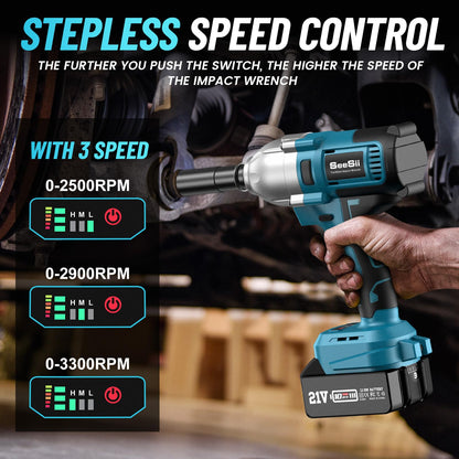 Seesii Cordless Electric Impact Wrench 1/2 inch for Car Home, 665Ft-lbs(900N.m) Brushless, 3300RPM High Torque Gun w/ 2x 4.0Ah Battery,Charger & 6 Sockets, WH710 - WoodArtSupply