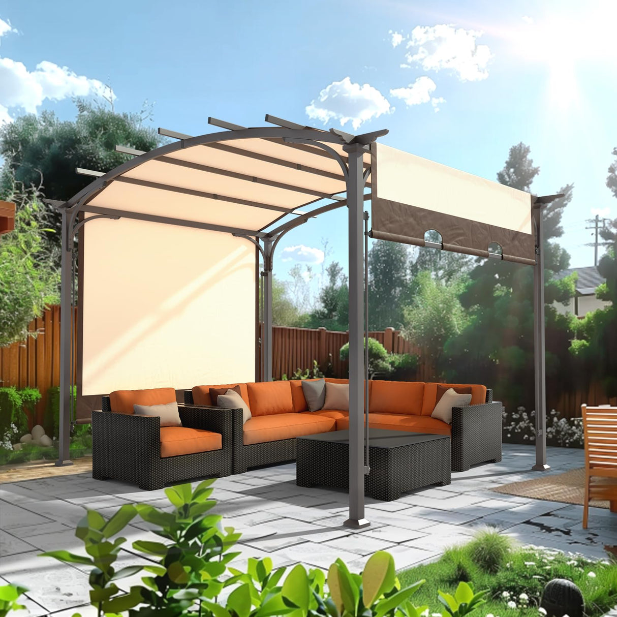 VINGLI 8.8’x 10.8' Outdoor Pergola Aluminum Retractable Pergola Canopy with Adjustable Roof, Garden Pergola for Deck, Porch, Garden, Yard (Khaki) VINGLI