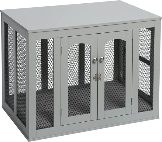 Scurrty 38.5 Inch Wooden Dog Crate Large Dog Crate Furniture with Double Doors, Dog Kennel Indoor Use with Cushion, XL Large Medium Small Dog Cage (Grey-L) - WoodArtSupply