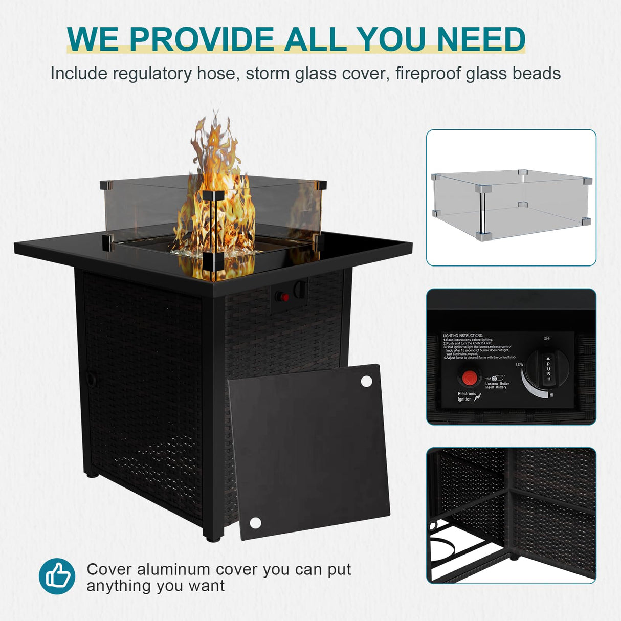 Ophelian 8 Piece Patio Furniture Set with Fire Pit Table, Wicker Outdoor Sectional Sofa Set with Thick Anti-Slip Chusions, Patio Conversation Sets for Backyard, Garden, Deck (Brown/Peacock Blue) Ophelian