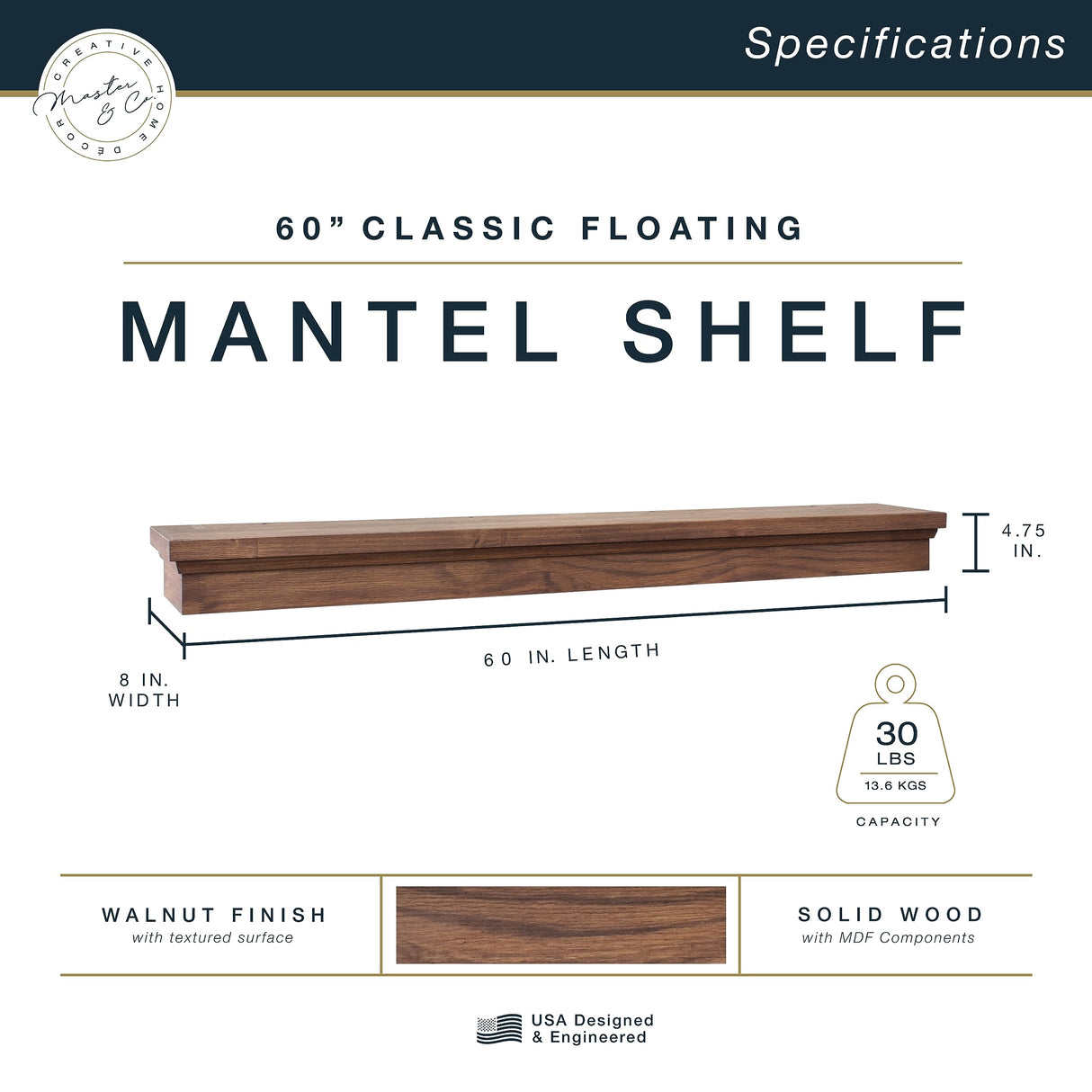 MCS 60-Inch Mantel, Master & Co Walnut Woodgrain Solid Wood Floating Fireplace Mantel, Long Floating Shelf for Livingroom with Wood Cleat Hanging System, Photo and Home Decor Display Shelf MCS