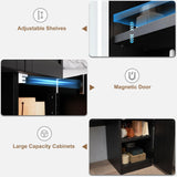 Farmhouse Makeup Vanity Desk with Sliding Mirror and Lights, Glass Desktop Makeup Vanity Desk with Charging Station, 3-Tier Hidden Slide-Out Vanity Shelves, Jewelry Storage Cabinet, 2 Drawers-Black Jocoevol