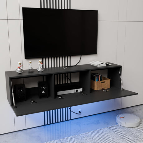 HOMMPA Floating TV Stand with LED Lights for TVs up to 65 Inch, Wall Mounted Entertainment Center with Storage, Modern High Glossy Media Console for Living Room, Bedroom, Black HOMMPA