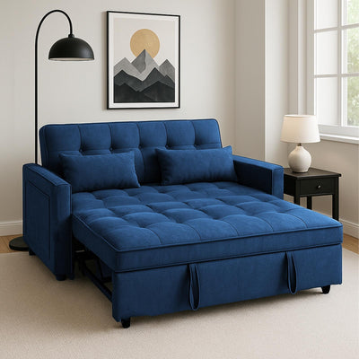 Osparple Pull-Out Convertible Loveseat Sleeper – 3 in 1 Blue Velvet Futon Sofa Bed, Love Seat Couches for Living Room Apartment, 2-Seater Sofa Bed for Small Spaces with Side Pockets & Modern Style