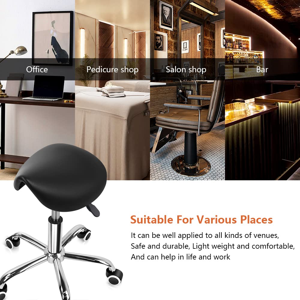 KKTONER Rolling Saddle Stool PU Leather Swivel Adjustable Rolling Stool with Wheels Salon Chair Black KKTONER