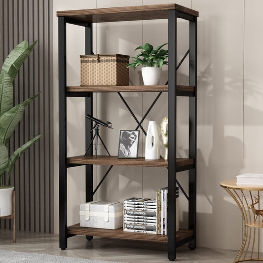 Rustic Solid Wood 4-Tier Bookshelf with Industrial Metal Frame - Vintage Storage Organizer in Retro Brown - WoodArtSupply