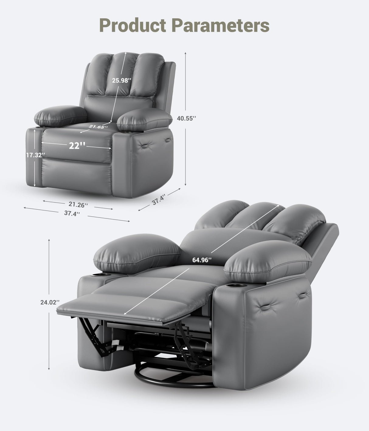 dainslef 22'' Manual Recliner Chair for Adults, PU Leather Recliner with Cup Holders and Side Pockets, Ergonomic Design for Nursery, Living Room, Bedroom, and Home Theater, Grey dainslef