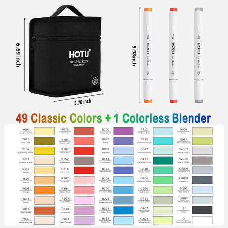 HOTU Alcohol Markers Brush Tip and Fine Tip 50 Colors Dual Tips Art Marker Set Alcohol-based Sketch Pens with Carrying Case，Non-Bleeding Pad for Artist Adults Coloring Illustration HOTU