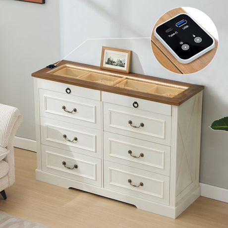 Tltaroni Farmhouse 8 Drawer Dressers, Wooden Chest of Drawers with Glass Top LED Light Charging Station Human Sensor Storage Organizer for Living Room Bedroom and Hallway, Antique White Tltaroni