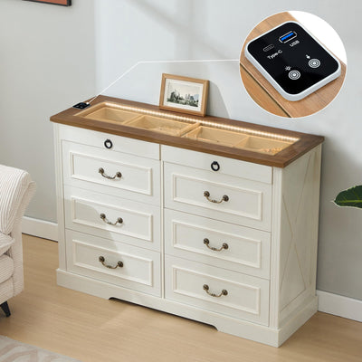 Tltaroni Farmhouse 8 Drawer Dressers, Wooden Chest of Drawers with Glass Top LED Light Charging Station Human Sensor Storage Organizer for Living Room Bedroom and Hallway, Antique White