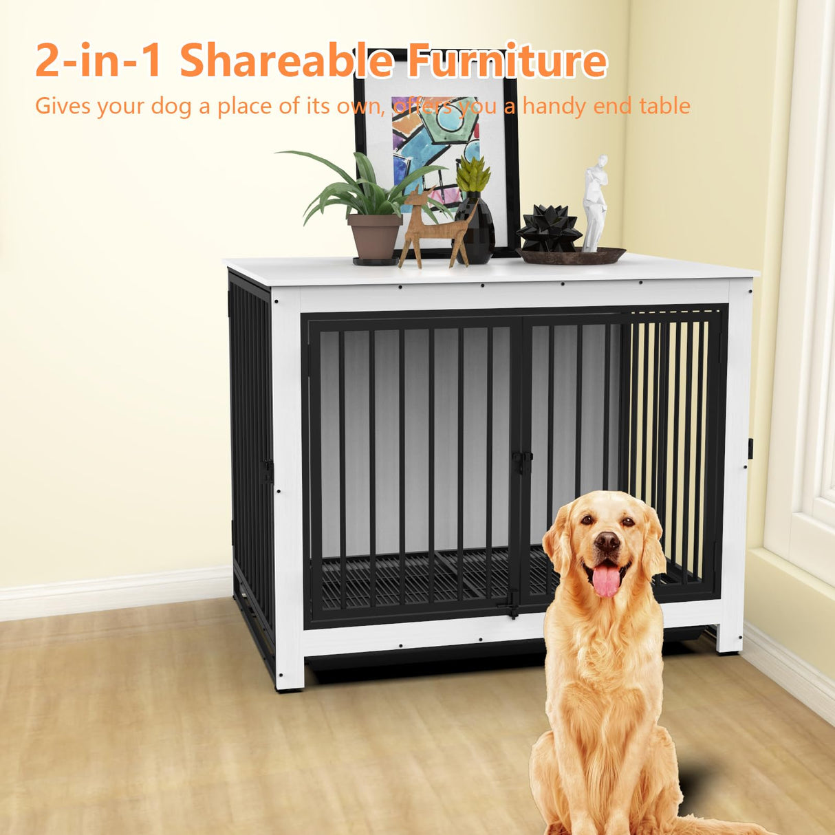Derfullo Dog Crate Furniture, Large Dog Crate Furniture, Wooden Cage Kennel Furniture Indoor, Modern Dog Crate with Multi-Purpose Removable Tray, Double-Doors Dog Furniture, End table dog crate, White Derfullo