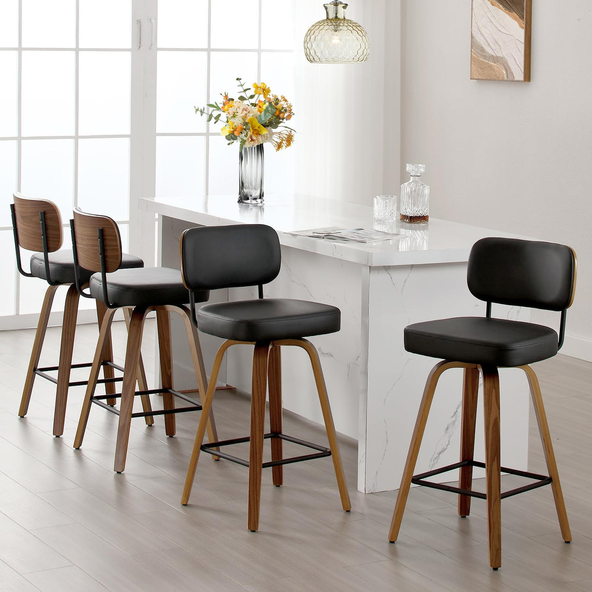 Bekrvio 26" Swivel Faux Leather Bar Stools Set of 4 with Ergonomic Backrest and Walnut Bent Wood Legs Bekrvio
