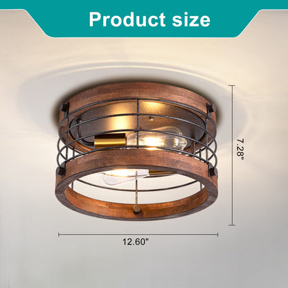 wochos Farmhouse Flush Mount Ceiling Light, 12.6 Inch 2-Light Metal and Wood Close to Ceiling Light Fixture, Rustic Drum Semi Ceiling Light for Kitchen, Dining Room, Living Room, Hallway, Entryway