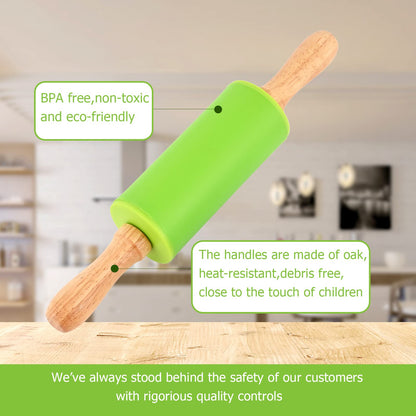 Honglida Mini Silicone Rolling Pin for Kids, Non-stick Surface Wood Handle, 9 Inches 2 Pack