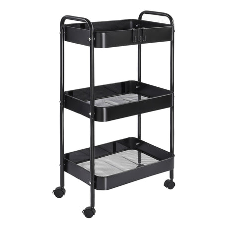 Vtopmart 3 Tier Metal Rolling Cart with Wheels, Utility Storage Cart with Handle and Lockable Casters, Storage Basket Organizer Shelves, Easy Assemble for Kitchen, Living Room, Office, Nursery, Black Vtopmart
