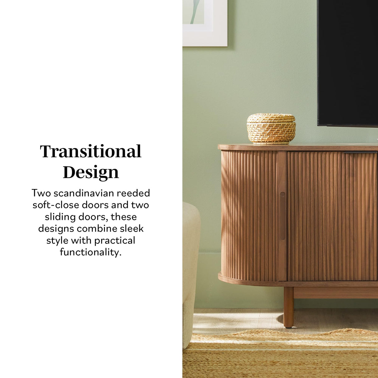 Walker Edison Chloe Curved Reeded TV Stand, Sliding Doors, 65 Inch, 60 inch, Mocha Walker Edison