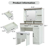 THINK 30 Farmhouse Makeup Vanity Desk with Mirror and Lights, 3 Lighting Modes, Vanity Set with Stool, Dressing Table with Adjustable Shelves,2 Drawers and Side Cabinet for Bedroom, White THINK 30