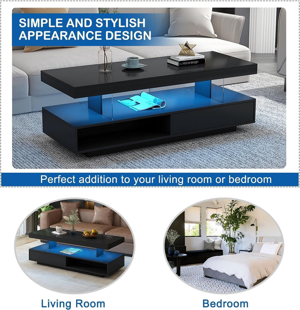 GlowSpark Black LED Coffee Table with Storage, Modern High Glossy LED Coffee Tables for Living Room, 2 Tiers Rectangle Coffee Table with 16 Colors LED Lights & Remote Control for Party Office Home GlowSpark