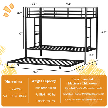 Shintenchi Bunk Bed Twin Over Twin Size with Trundle, Heavy-Duty Twin Bed Frame with Full-Length Guardrail and Two Ladders, Triple Bunk Bed for Kids, Teens and Adults, Space-Saving, Black