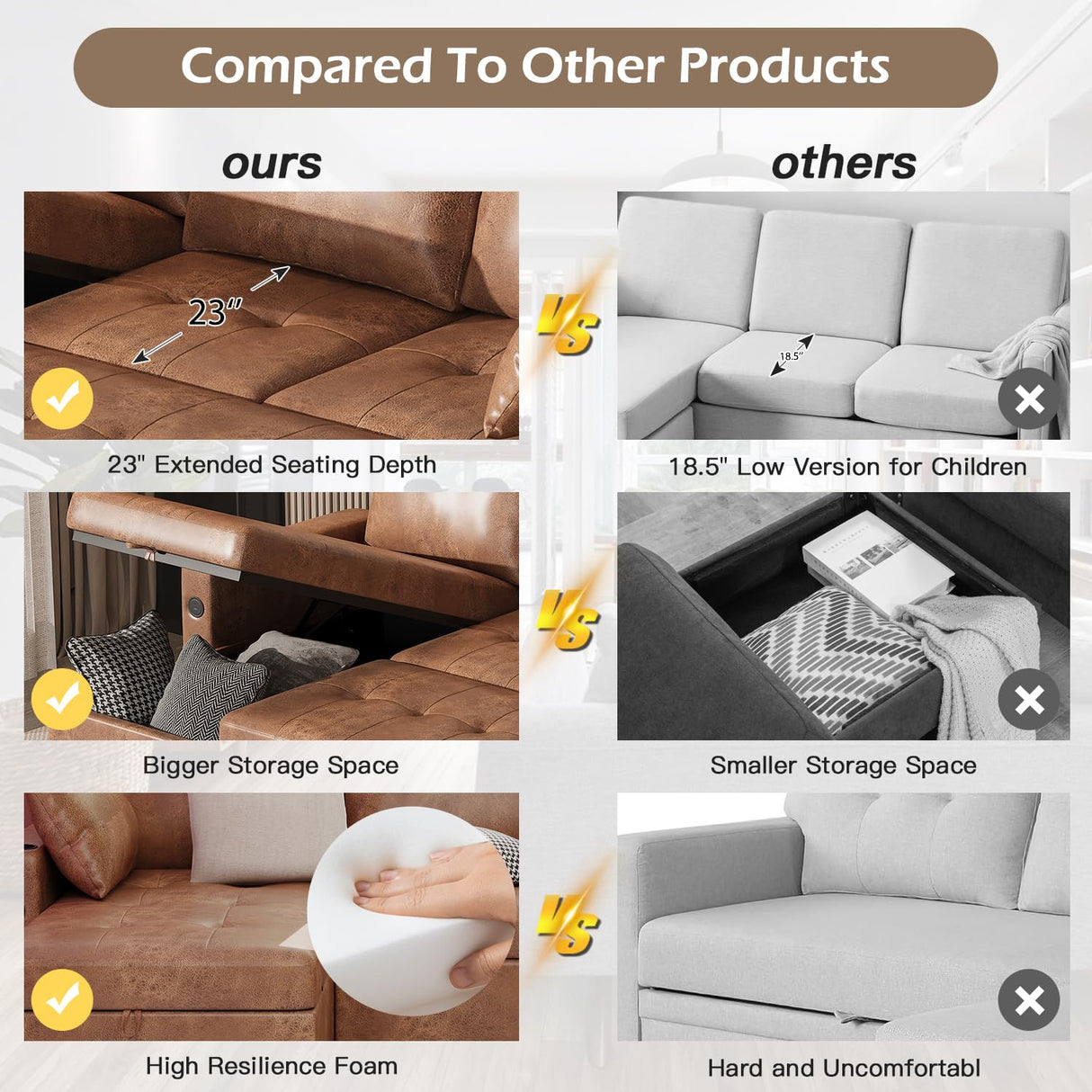 Esright Sleeper Sofa Couch with Pullout Bed, Faux Leather Sofa Bed Pull Out Couch with Reversible Storage Chaise, L Shaped Sectional Sleeper Sofa Couches for Living Room Clearance, Brown Esright