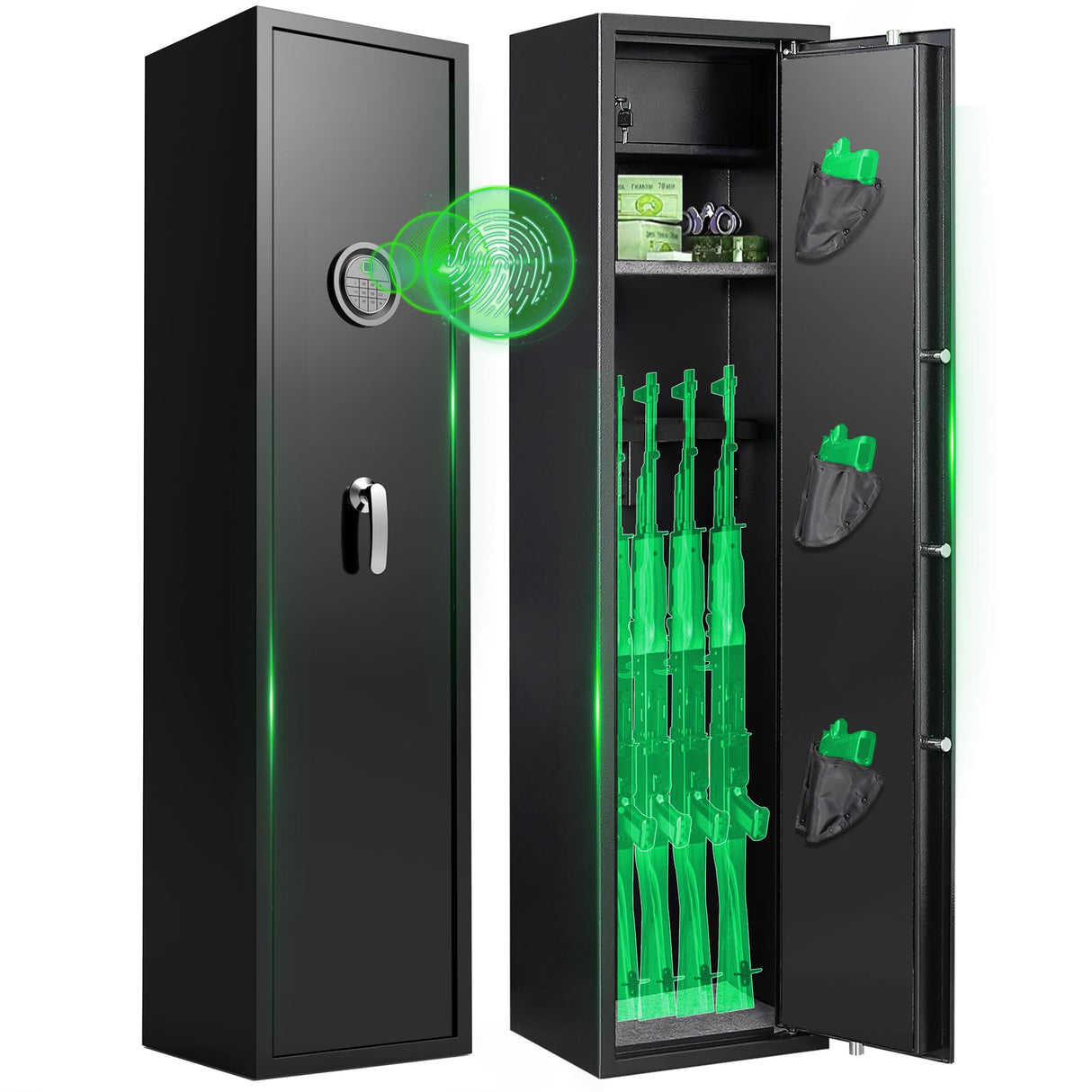 8-12 Fingerprint Gun Safe for Rifles and Pistols,Gun Safes for Rifle and Password Lock, No Assembly Required Quick Access Biometric Gun Cabinet,Dual Alarm & Mute Mode Switching HEANVO
