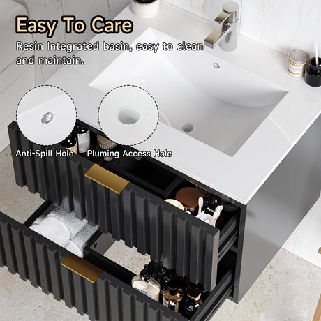 ONBRILL 24 Inch Bathroom Vanity with Sink Combo, Floating Bathroom Vanity with 2 Fluted Drawer & Metal Handles, Modern Wall Mount Bathroom Cabinet with Ceramic Integrated Sink for Small Space (Black) ONBRILL
