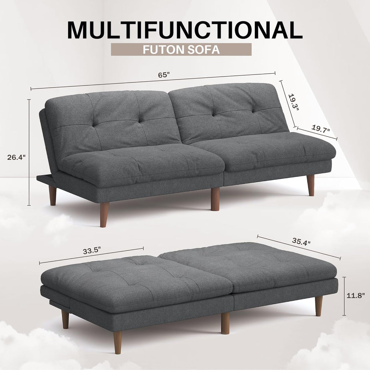 Homall Futon Couch, Modern Futon Sofa Bed with Adjustable Backrest, Convertible Sleeper Sofa Bed for Small Apartments, Loveseat, Office (Fabric, Grey) Homall