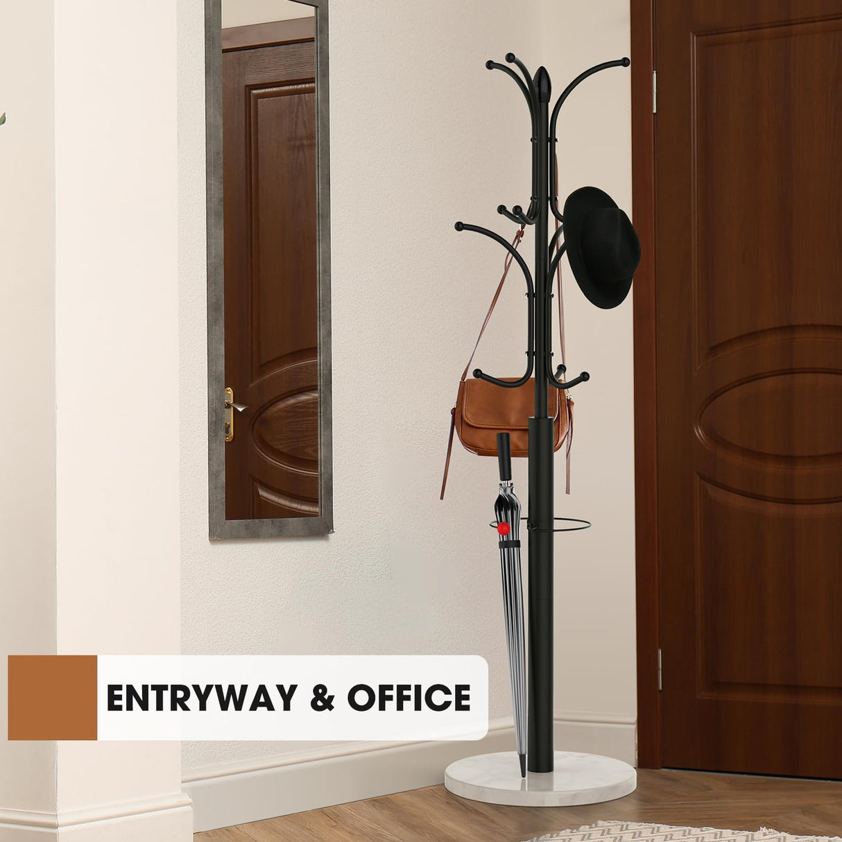 Ulimart Coat Rack Freestanding,12 Hooks Coat Racks with Natural Marble Base & Umbrella Holder,Easy Assembly Coat Rack Stand for Hanging Scarf,Purse,Hats,Jacket(Black) Ulimart