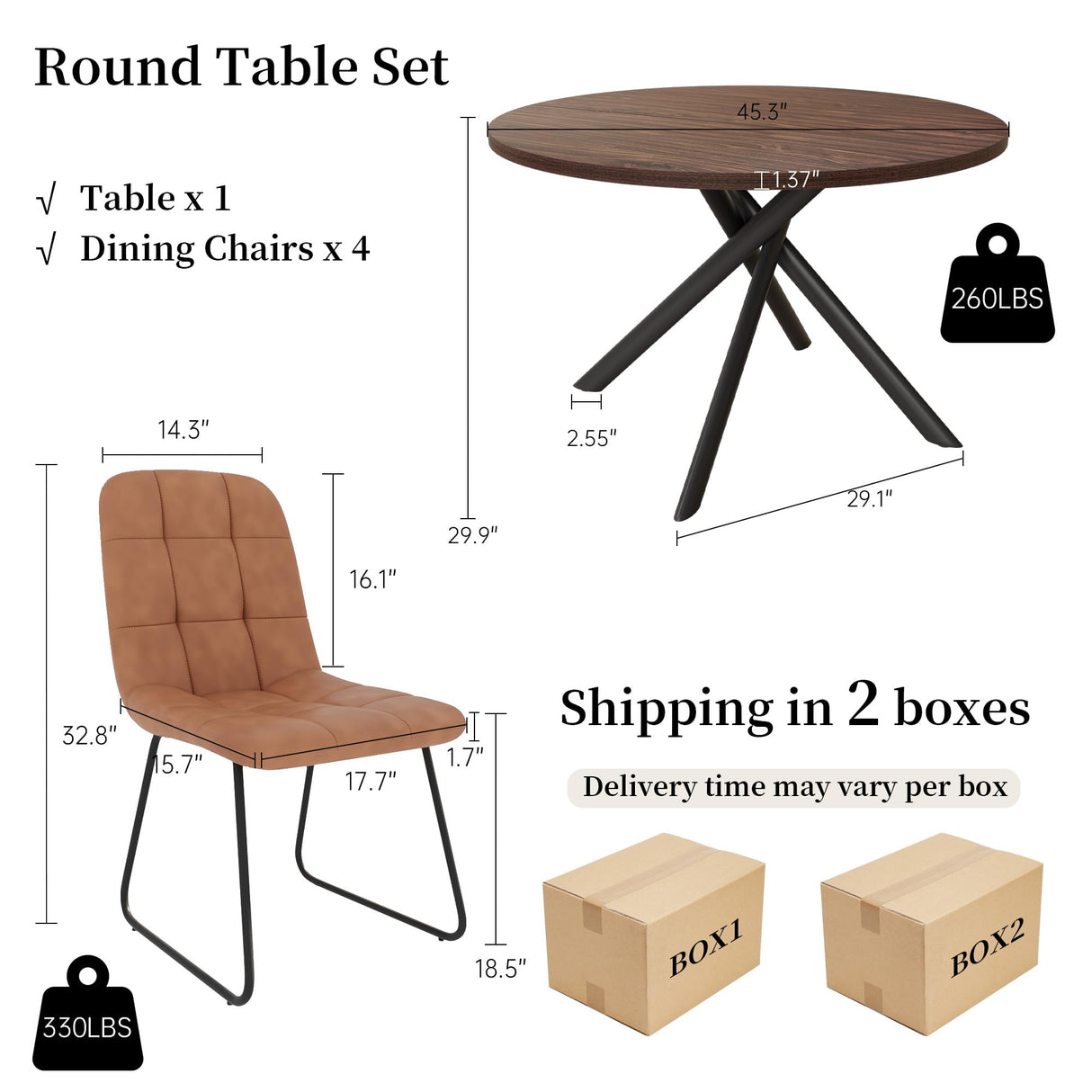 HIPIHOM 45.3 Inch Round Dining Table Set for 4, Mid Century Modern Small Coffee Set for Dining Room Kitchen Apartment (Dark Walnut Table + 4 U-Shaped Brown Chairs) HIPIHOM