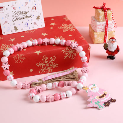 JOYMEMO Pink Christmas Wood Bead Garland with Tassels, Wooden Snowflake Checkered Beads Strands for Xmas Winter Holiday New Year Party, Boho Tree Home Hanging Ornaments Decor Supplies Outdoor Indoor