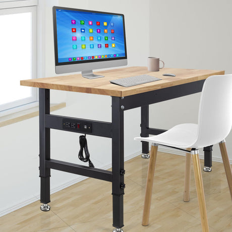 48" Adjustable Workbench for Garage, Heavy-Duty Bamboo Wood Top Work Bench with Power Outlets, Hardwood Work Table Workstation for Workshop, Office, Home BMJX US